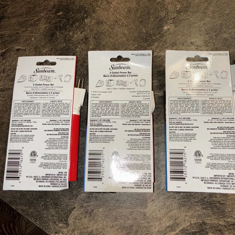 Lot If 3 Sunbeam One Foot 3 Outlet Power Bar New With Tags